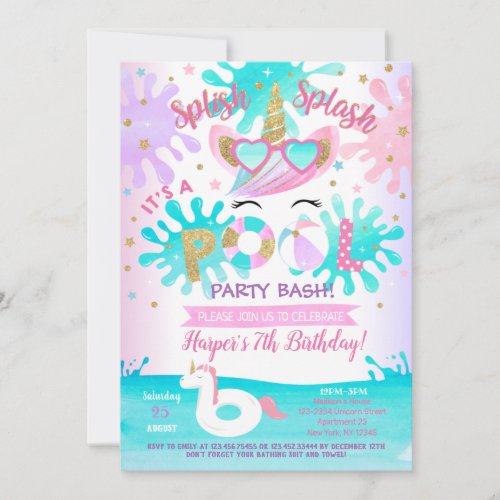 Pool Party Unicorn Birthday Party Invitations Girl
