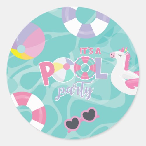 Pool party Unicorn Pink and Purple Birthday Classic Round Sticker