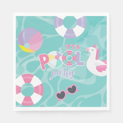 Pool party Unicorn Pink and Purple Birthday Paper  Napkins