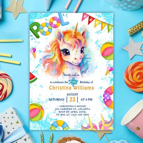 Pool Party Unicorn Summer Birthday Invitation