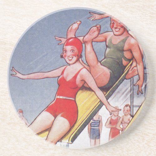 Pool Party Vintage Swimming Summer Sandstone Coaster