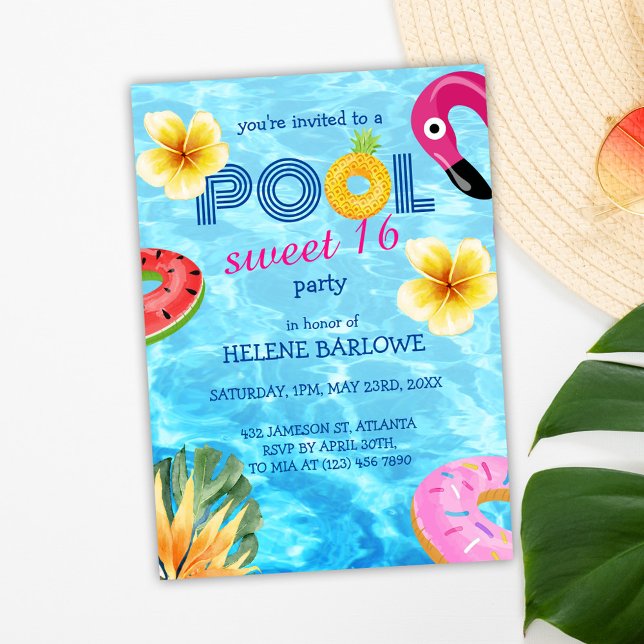 Pool Party Water Summer Sweet 16 Birthday Invitation (Pool Party Water Summer Sweet 16 Birthday Invitation)