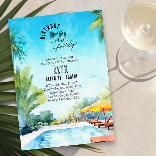 Pool Party Watercolor Any Age Adult Birthday Invitation