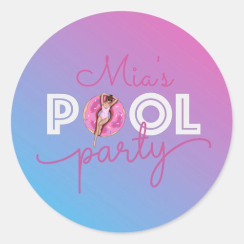 Pool Party Watercolor Ombre Donut Float Favor Classic Round Sticker