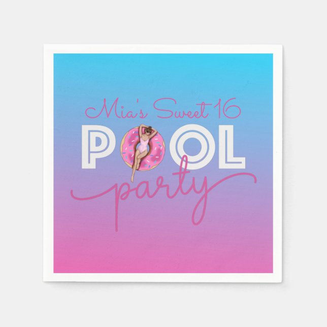 Pool Party Watercolor Ombre Donut Float Party Napkins (Front)