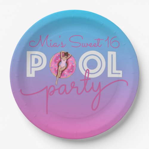 Pool Party Watercolor Ombre Donut Float Sweet 16 Paper Plates