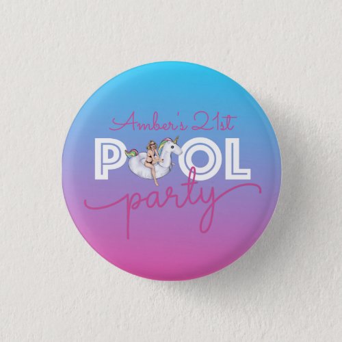 Pool Party Watercolor Ombre Unicorn Float 21st  Button