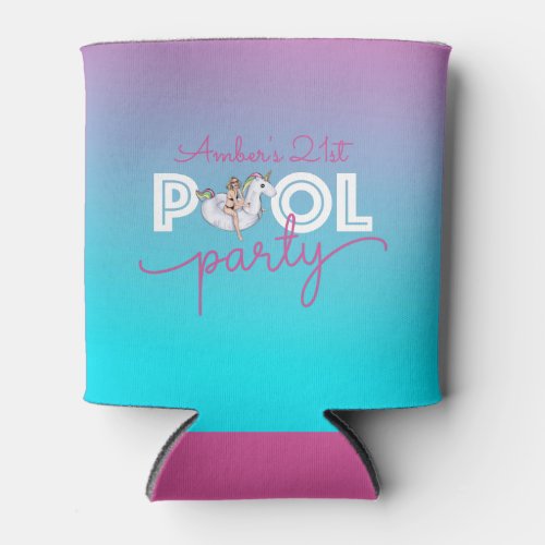Pool Party Watercolor Ombre Unicorn Float 21st Can Cooler