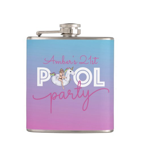 Pool Party Watercolor Ombre Unicorn Float 21st Flask