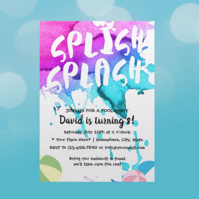 Pool Party Watercolor Splish Splash Birthday Invitation (Creator Uploaded)