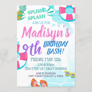 Pool Party Watercolor Splish Splash Birthday RSVP Invitation