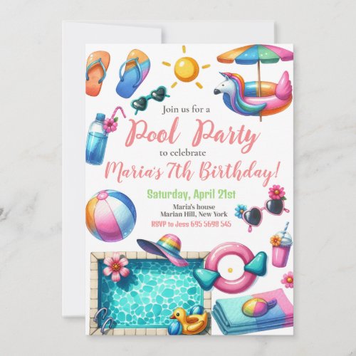 Pool Party Watercolor Summer Themed Birthday Invitation