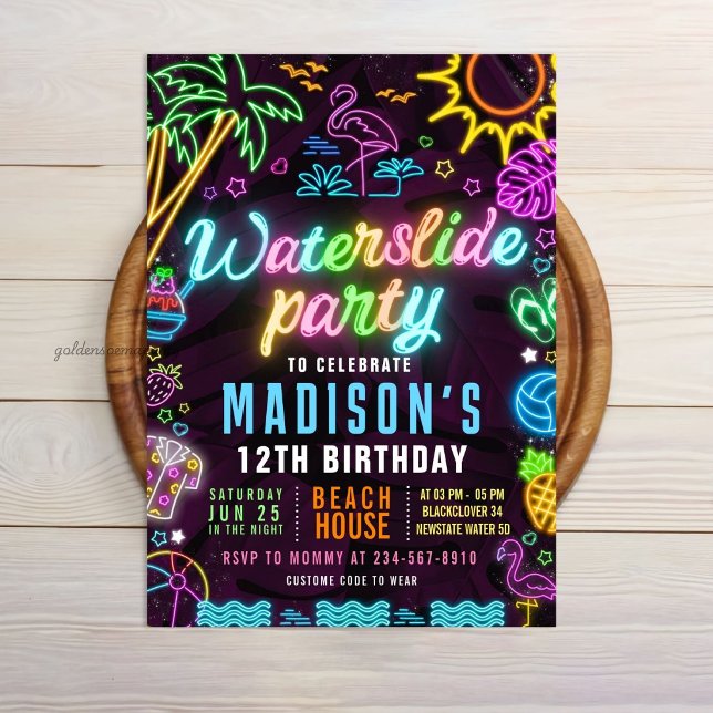 Pool Party Waterslide Glow Editable Invitation (Pool Party Waterslide Glow Editable Invitation)