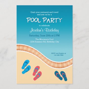 Pool Party With Flip Flops Birthday Invitation by marlenedesigner at Zazzle