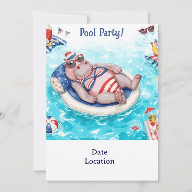  Pool Party with Hippo  Invitation (Front)