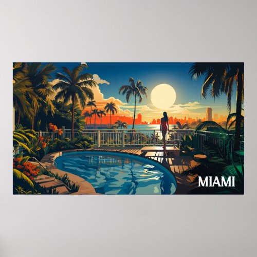 Pool patio at sunrise overlooking Miami Beach Poster