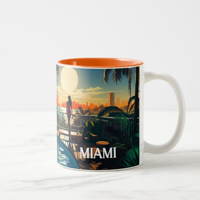 Pool patio at sunrise overlooking Miami Beach Two-Tone Coffee Mug (Right)
