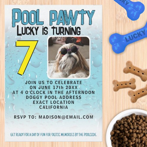 Pool pawty puppy dog custom photo birthday party invitation