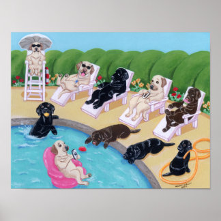 Pool Side Party Labradors Artwork Poster