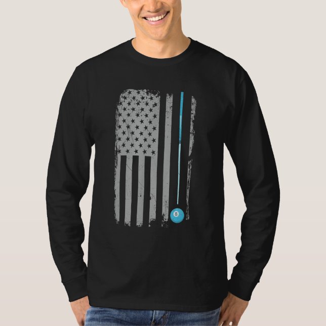 Pool Stick Billiards 8 Ball Usa American Flag T-Shirt (Front)