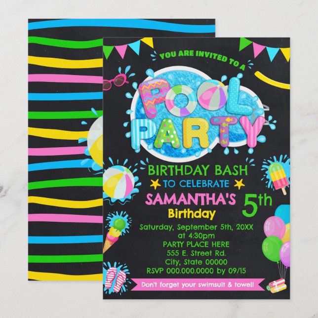 Pool Summer Birthday Bash Children Pink Party Invitation (Front/Back)