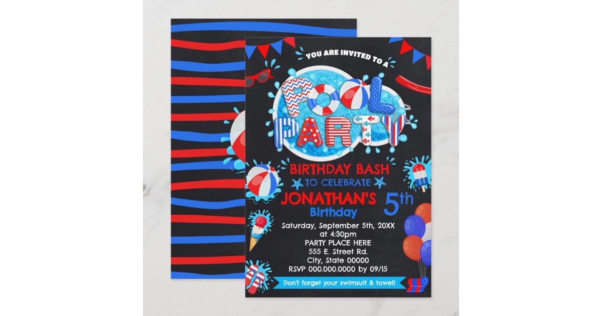 Pool Summer Birthday Bash Red White Blue Party Invitation | Zazzle