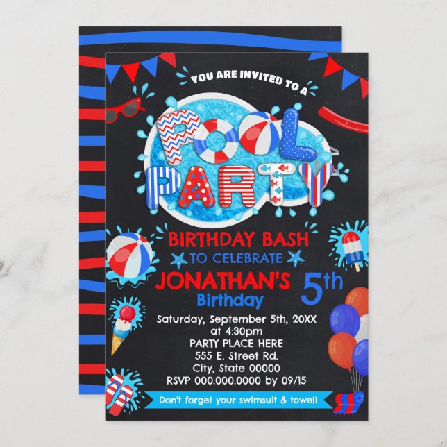 Pool Summer Birthday Bash Red White Blue Party Invitation (Front/Back)
