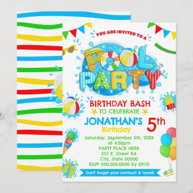 Pool Summer Birthday Party Primary Color Invitation (Front/Back)