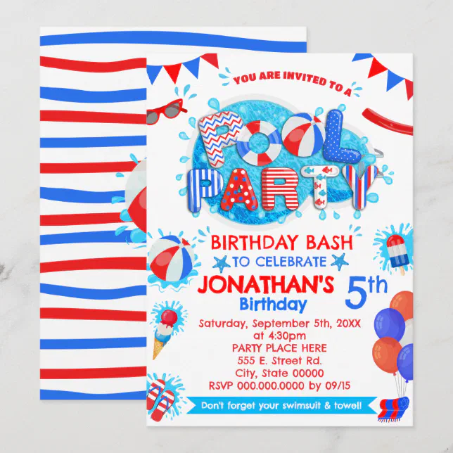 Pool Summer Birthday Party Red White Blue Invitation | Zazzle
