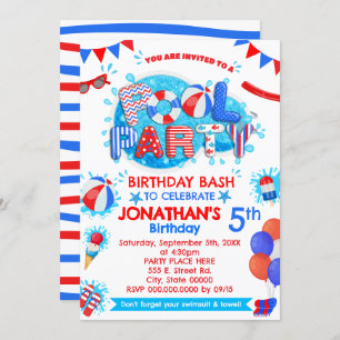 Pool Summer Birthday Party Red White Blue Invitation
