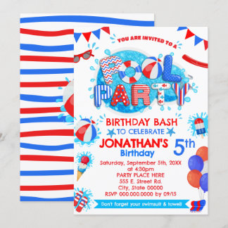 Pool Summer Birthday Party Red White Blue Invitation