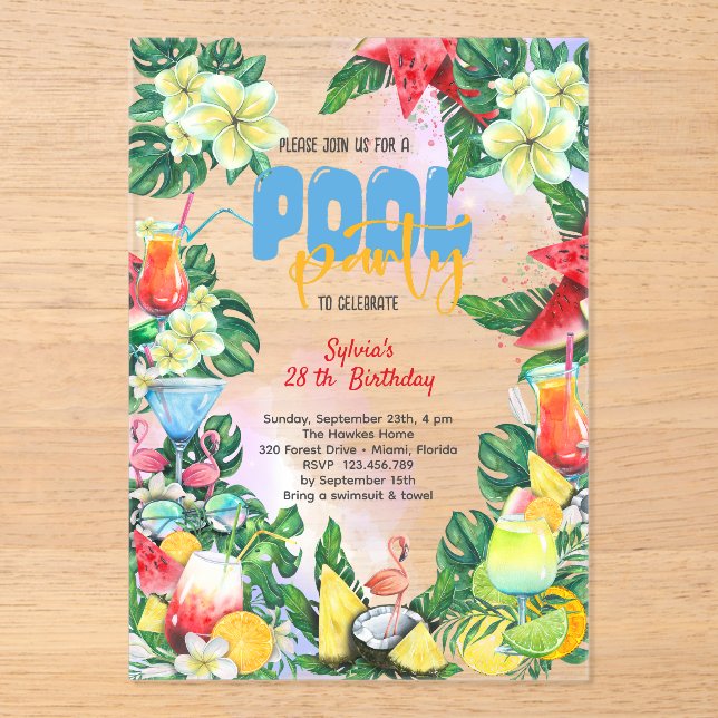 Pool summer drinks birthday adult party acrylic invitations (Front)