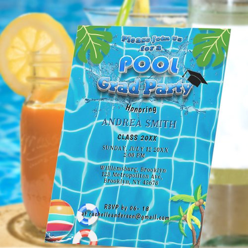 Pool Summer Modern Fun Graduation Party Tropical Invitation