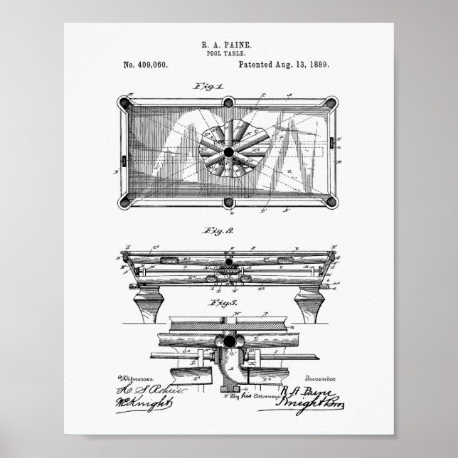 Pool Table 1889 Patent Art White Paper Poster (Front)