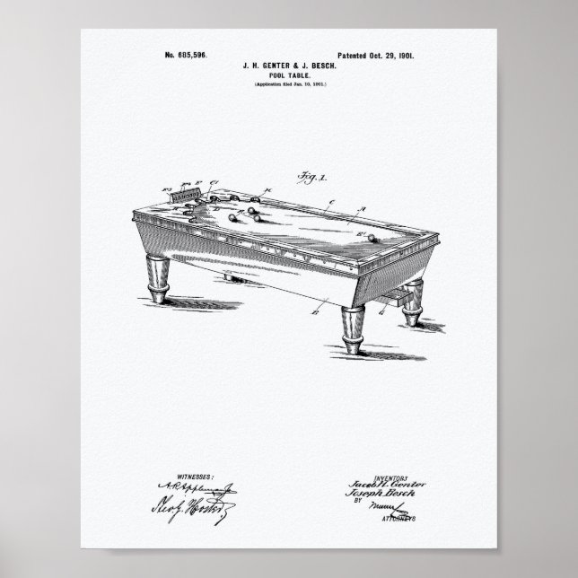 Pool Table 1901 Patent Art White Paper Poster (Front)
