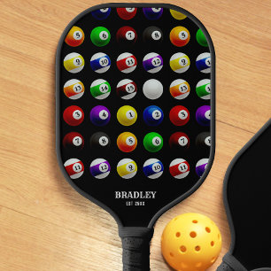 Pool Table Billiard Balls Pattern Black Pickleball Paddle