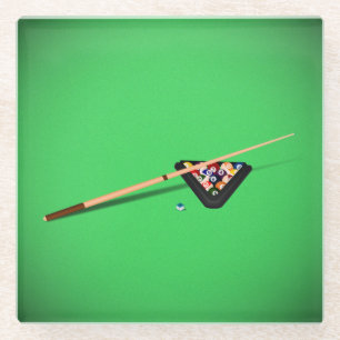 Pool Table Cue Stick and Balls Glass Coaster