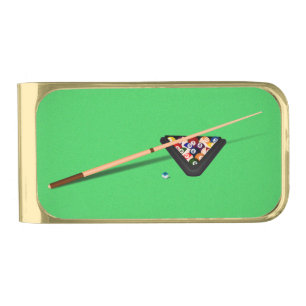 Pool Table Cue Stick and Balls Gold Finish Money Clip