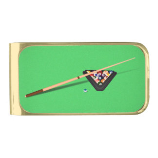 Pool Table Cue Stick and Balls Gold Finish Money Clip