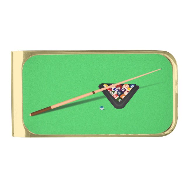 Pool Table Cue Stick and Balls Gold Finish Money Clip (Front)