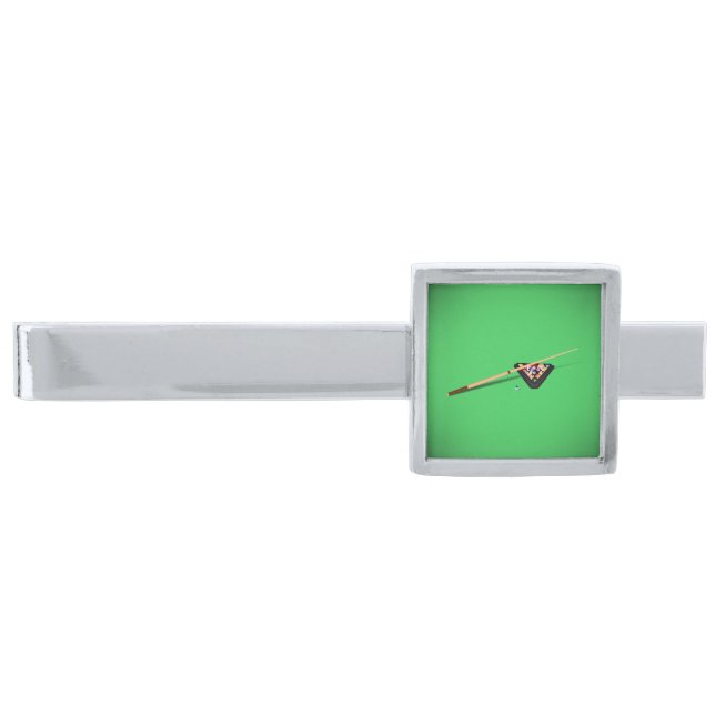 Pool Table Cue Stick and Balls Silver Finish Tie Bar (Front)