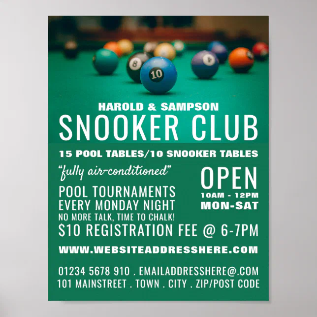 Pool Table, Pool Club, Snooker Club Advertising Poster | Zazzle