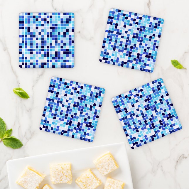 Pool Tiles, Blue Mosaic Tiles, Geometric Pattern Coaster Set (In Situ)