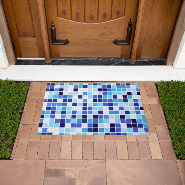 Pool Tiles, Blue Mosaic Tiles, Geometric Pattern Doormat (Outdoor)