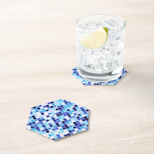 Pool Tiles, Blue Mosaic Tiles, Geometric Pattern Paper Coaster (Insitu)