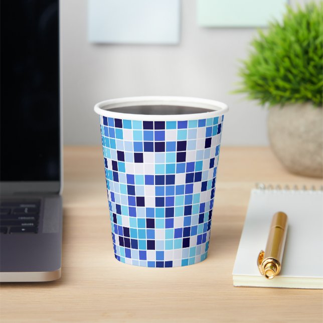 Pool Tiles, Blue Mosaic Tiles, Geometric Pattern Paper Cups (Insitu)