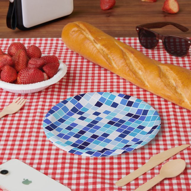 Pool Tiles, Blue Mosaic Tiles, Geometric Pattern Paper Plates (Picnic)