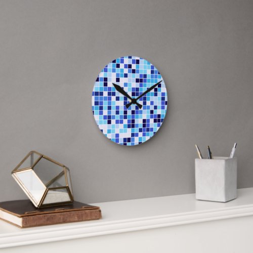 Pool Tiles Blue Mosaic Tiles Geometric Pattern Round Clock