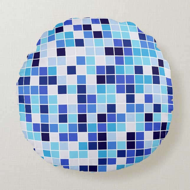 Pool Tiles, Blue Mosaic Tiles, Geometric Pattern Round Pillow (Front)