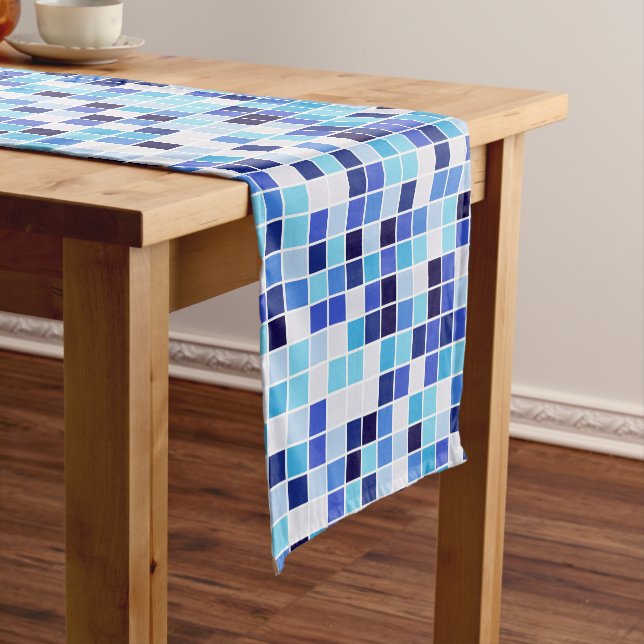 Pool Tiles, Blue Mosaic Tiles, Geometric Pattern Short Table Runner (In Situ)